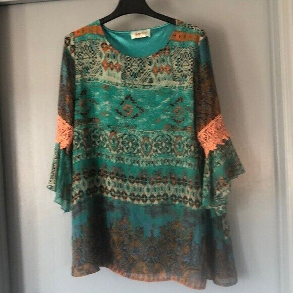 Mermaid Large Green Orange Tunic Crochet Lace 3/4 Sleeve Blouse Top Boho Gypsy